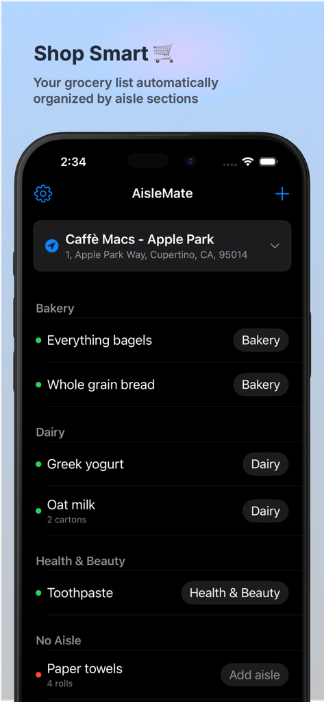 AisleMate: Grocery Aisle List - AisleMate app showing a grocery shopping list automatically organized by aisle categories like Bakery and Dairy.