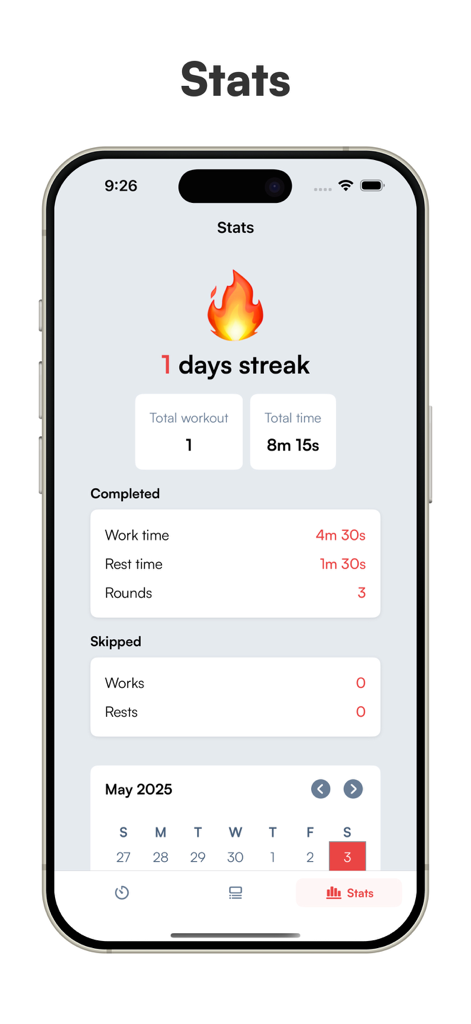 Interval Timer HIIT & Tabata - Tela de estatísticas de treino mostrando histórico de exercícios, sequências diárias e um calendário de fitness.