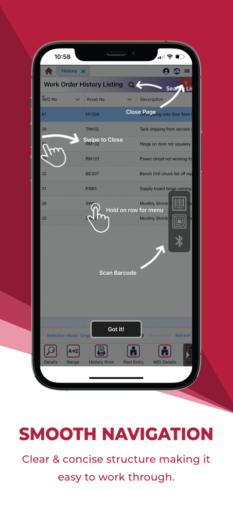 MEX Mobile - Oberfläche der MEX Mobile App, die Gesten zur Navigation und die Verwaltung des Arbeitsauftragsverlaufs hervorhebt