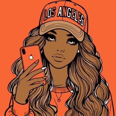 realistic beautiful girl wearing los ángeles cap holding an iphone