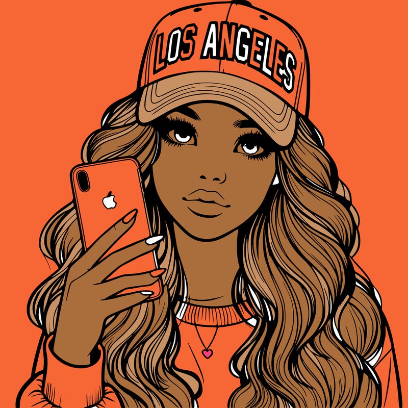 realistic beautiful girl wearing los ángeles cap holding an iphone