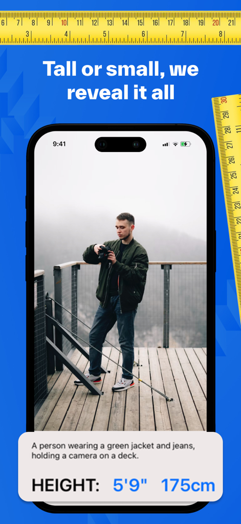 A smartphone screen showing the HeightSight AI app revealing a persons height as 5 feet 9 inches from a photo