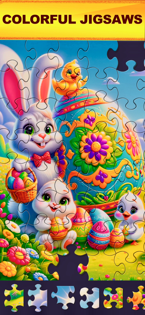 A colorful jigsaw puzzle game screen featuring cute Easter bunnies and decorated eggs