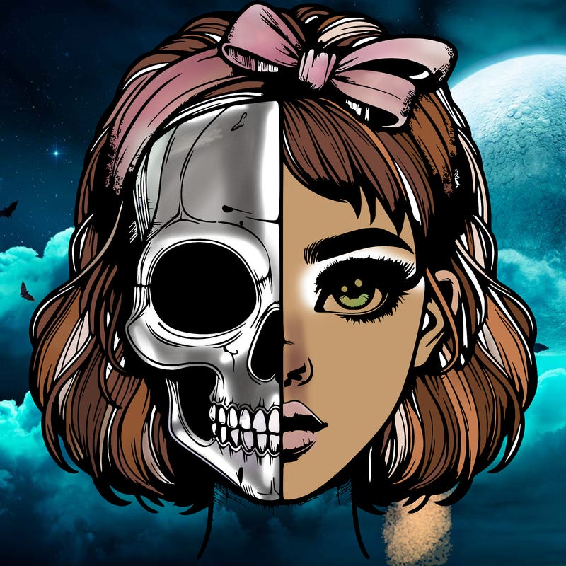 realistic girl with half skull mask