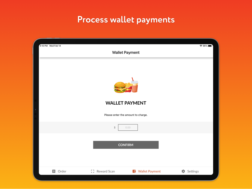 Craver Restaurant - Craver Restaurant app wallet payment screen showing a field to enter the amount to charge on an iPad.