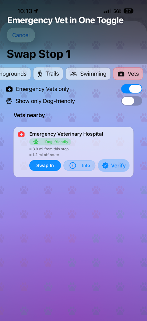 PetStop: Dog Road Trip Planner - Emergency vet search feature in the PetStop dog road trip planner app