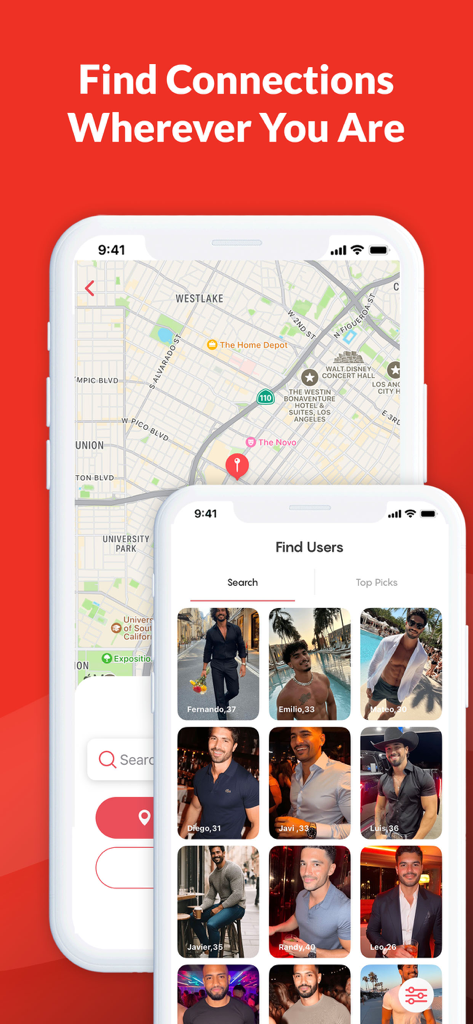 A map interface and a grid of male user profiles in the Soltera dating app.