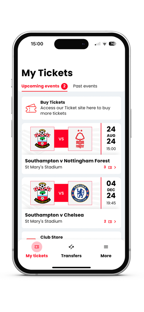 노팅엄 포레스트 및 첼시와의 경기 사우스햄튼 FC 예정된 경기 입장권을 보여주는 모바일 앱 화면.