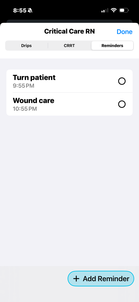 Interface of the Code Blue Narrator app showing scheduled nursing reminders for turning a patient and wound care.