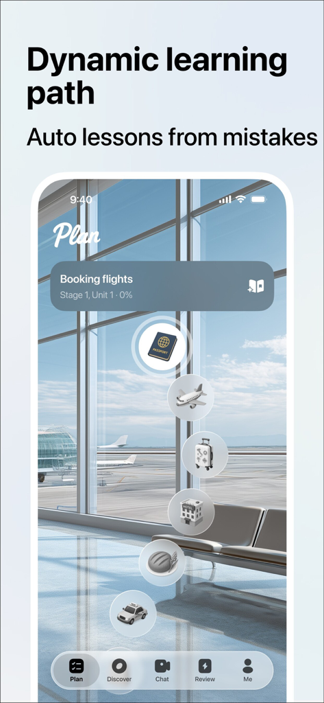 Una captura de pantalla de la aplicación Midoo AI que muestra un camino de aprendizaje dinámico con lecciones temáticas de viajes como reservar vuelos.