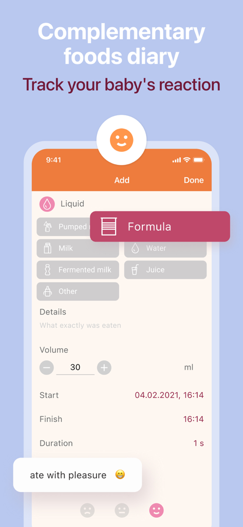 Breastfeeding Newborn tracker - Una pantalla de diario de alimentos para bebés en la aplicación Rastreador Erby para registrar la ingesta de fórmula y las reacciones del bebé