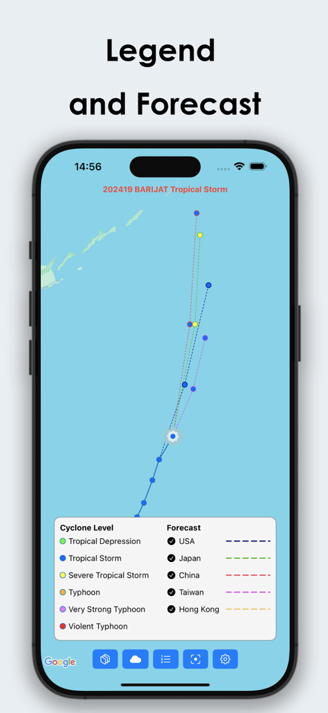 Typhoon Tracker - Real-time - A mobile app interface showing a typhoon track map with a multi-agency forecast comparison legend.