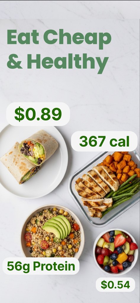 Healthy meals shown with cost and macro labels like 56g protein and 367 calories under the heading Eat Cheap and Healthy