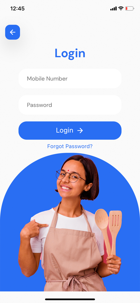 Écran de connexion de l'application Bookmybai avec des champs pour numéro de téléphone et mot de passe et une image d'un travailleur domestique souriant