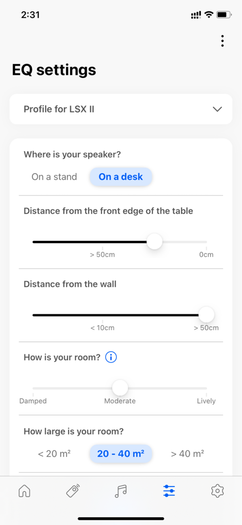 KEF Connect - KEF Connect app EQ settings screen for speaker and room sound optimization