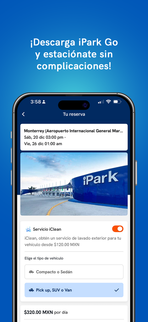 iPark Estacionamientos - Smartphone screen displaying an airport parking reservation in the iPark Go app with vehicle selection and car wash options