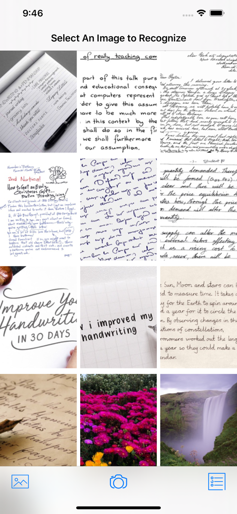 手書きOCRアプリのインターフェース。デジタル化する手書きノートを選択するための写真ギャラリーグリッドを表示しています。
