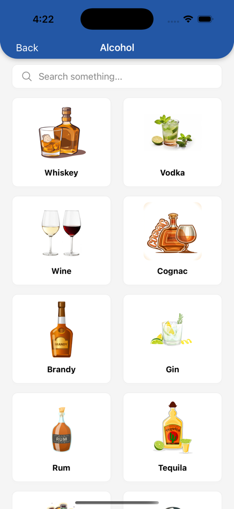 Drinksify - Liquor Delivery - Drinksify app interface showing a selection of liquor categories including whiskey vodka wine and cognac with descriptive icons