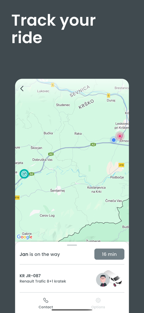 GoOpti - Interfaz de la aplicación GoOpti que muestra el seguimiento del transporte en tiempo real en un mapa con el conductor Jan llegando en 16 minutos