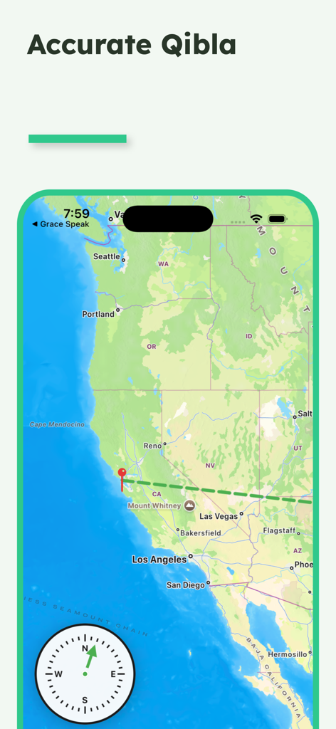 Allah Speak: Quran Chat - Un mapa digital que muestra la dirección de la Qibla y una brújula para la oración en la aplicación Allah Speak