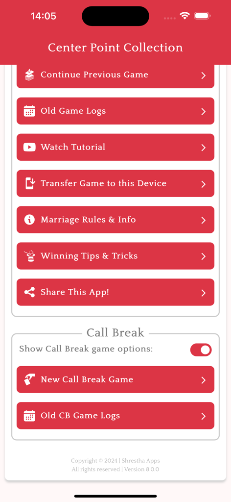 Main menu of the Marriage Point Calculator app showing game logs, rules, and Call Break scoring options.