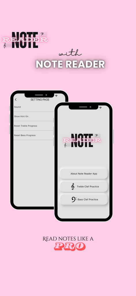 Note Reader - Note Reader app home screen showing options for treble and bass clef practice with a settings menu background