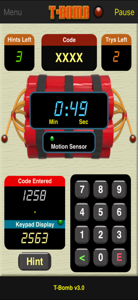 T-Bomb - Interface do jogo móvel T-Bomb mostrando um cronômetro e um teclado para desarmar a bomba
