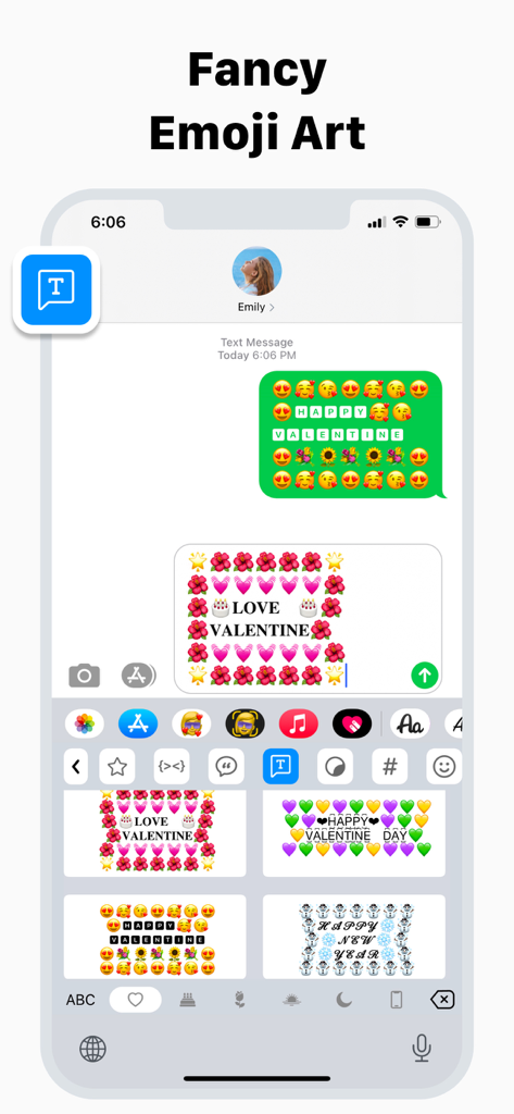 Keyboard Fonts & Emoji Maker - Custom emoji art and text patterns on an iPhone messaging app