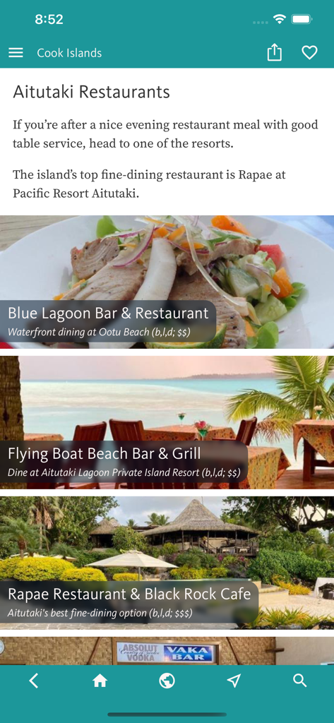 Uma lista de recomendações de restaurantes para Aitutaki no aplicativo de guia de viagem Cook Islands Best.