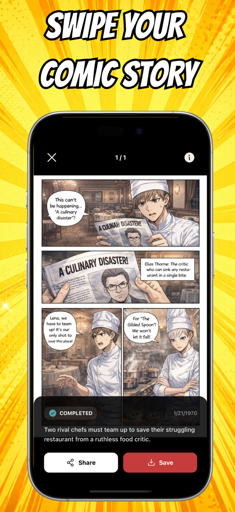 VEX: Comic Maker Manga, Manhwa - A mobile screen showing a generated manga page about two chefs in a restaurant setting within the VEX app.