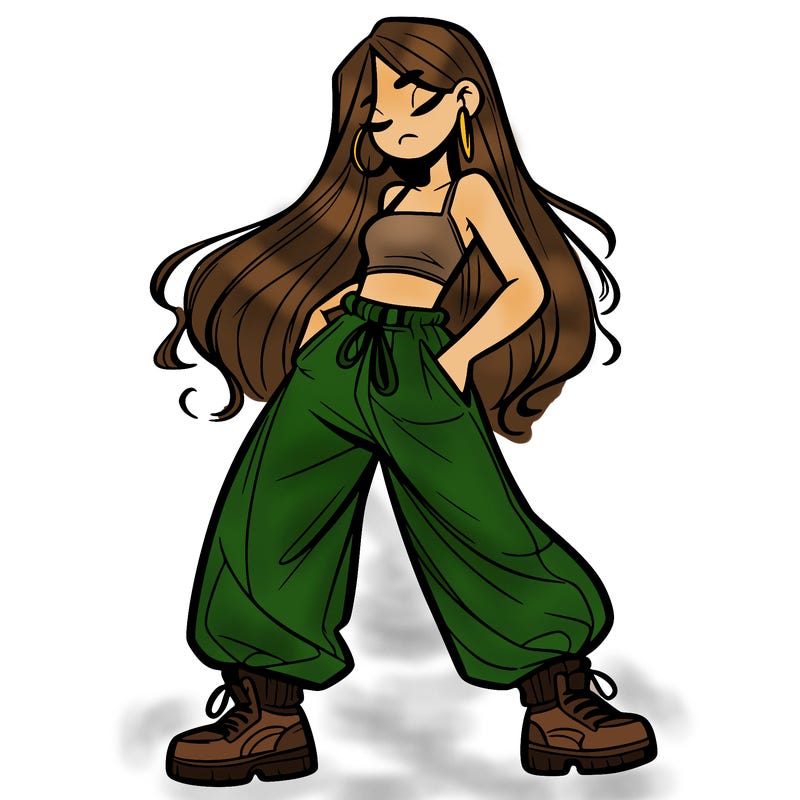 girl in baggy pants crop top and long hair