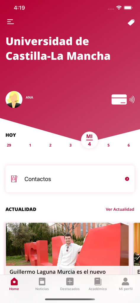 UCLM U. de Castilla-La Mancha - Home screen of the UCLM mobile app featuring student profile academic calendar and university news