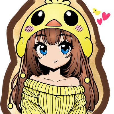 anime girl with chick shaped hat with sweater with bare shoulders with bangs covering them one eye with low tail