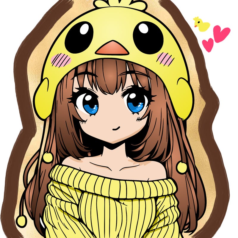 anime girl with chick shaped hat with sweater with bare shoulders with bangs covering them one eye with low tail