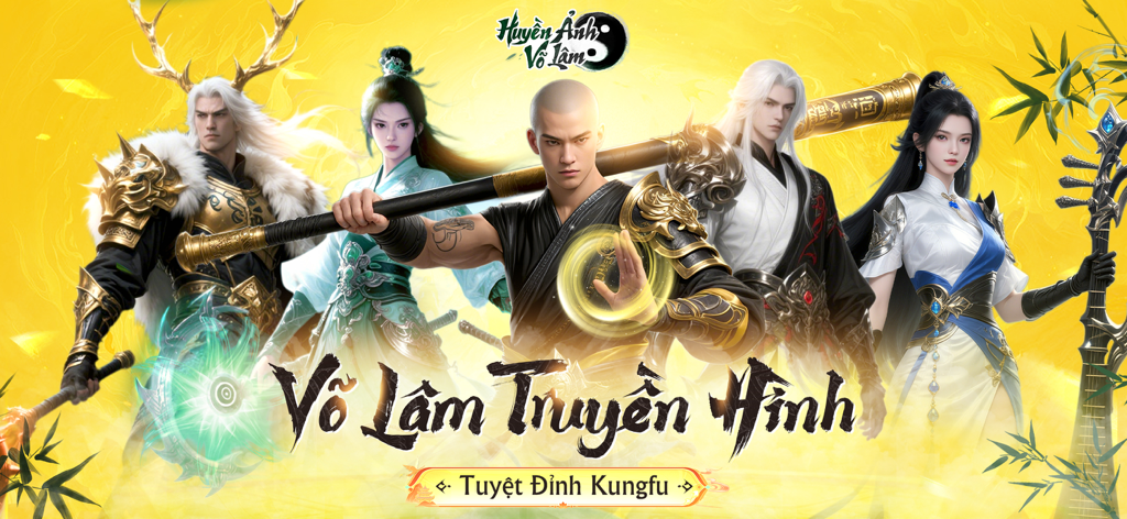 Promotional banner showing five diverse martial arts heroes from Huyen Anh Vo Lam Vplay