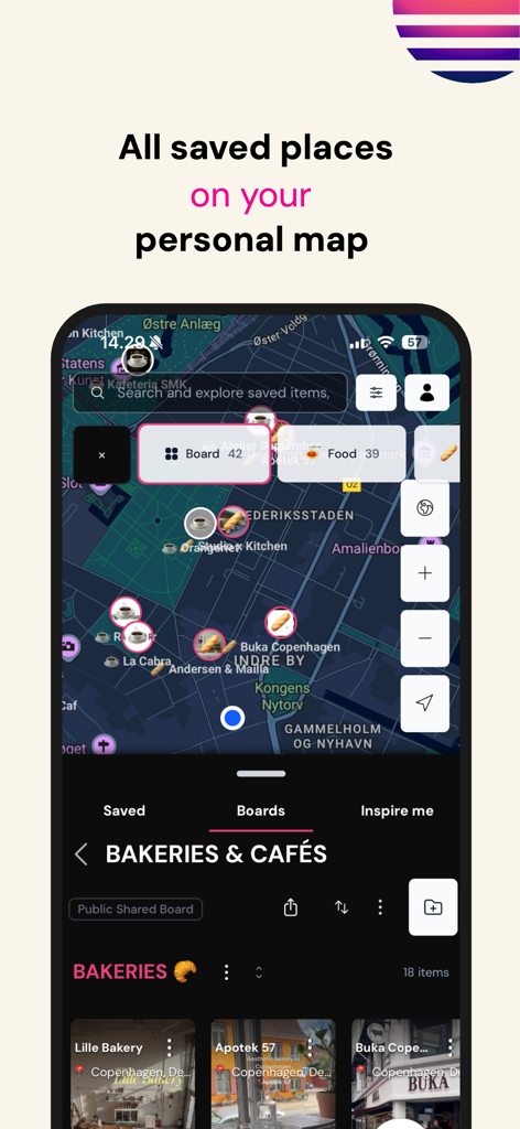 Mobile app screen showing a map with icons for saved cafes and bakeries