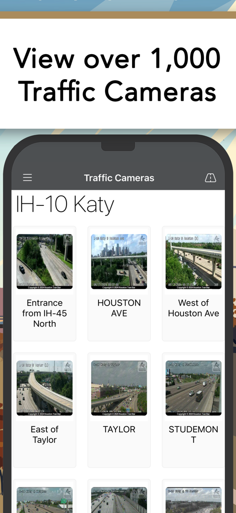 A mobile interface from Houston TranStar displaying a grid of live traffic camera feeds for the IH-10 Katy freeway.