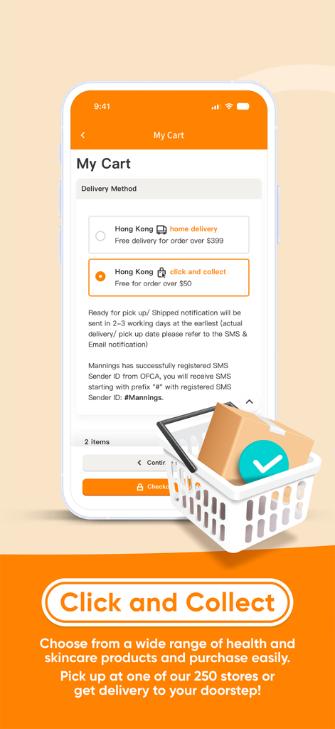 Mannings HK - App mobile Mannings HK che mostra le opzioni di consegna del carrello della spesa, inclusa la consegna a domicilio e il servizio di ritiro in negozio.