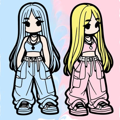 girl in baggy pants crop top and long hair