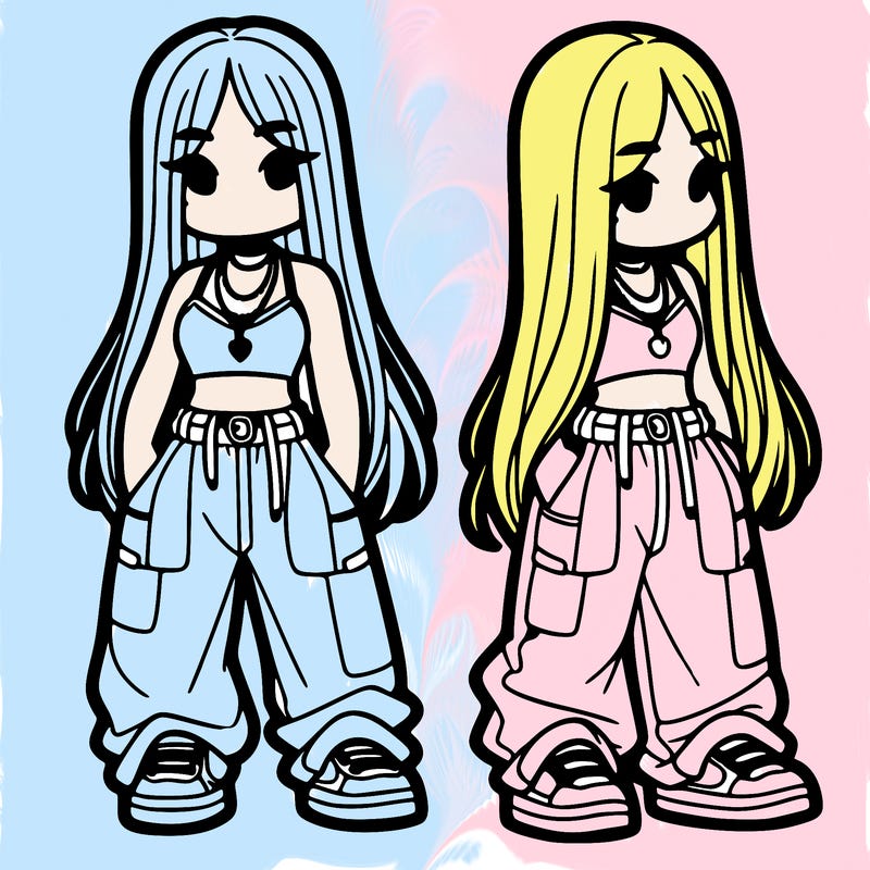 girl in baggy pants crop top and long hair