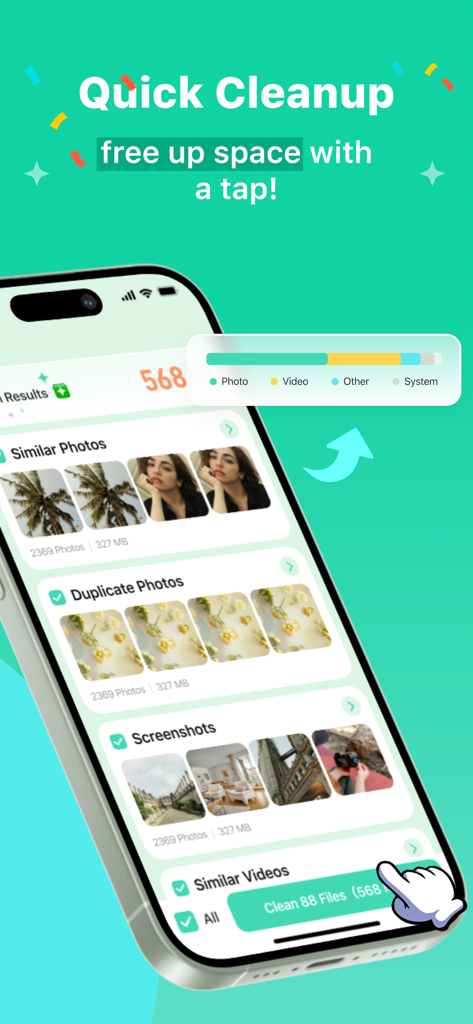 Interfaz de la aplicación AI Cleaner que muestra la gestión y categorización del almacenamiento de fotos para una limpieza rápida