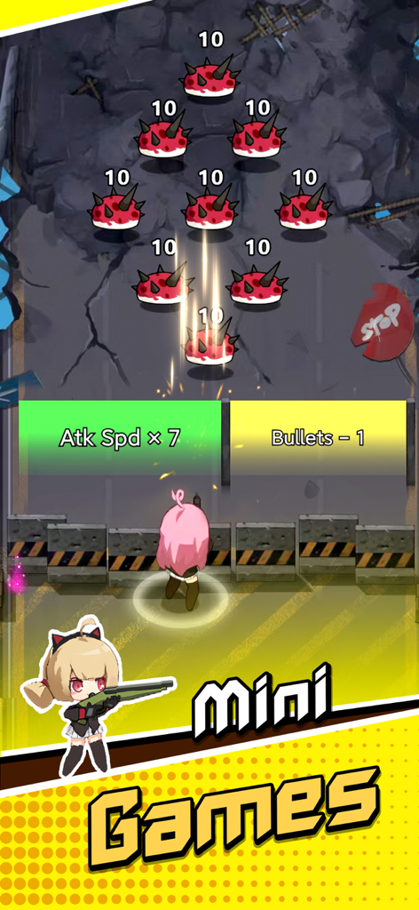 Survival Shelter - Survival Shelter mini game screenshot showing a character shooting spiky enemies through attack speed and bullet gates