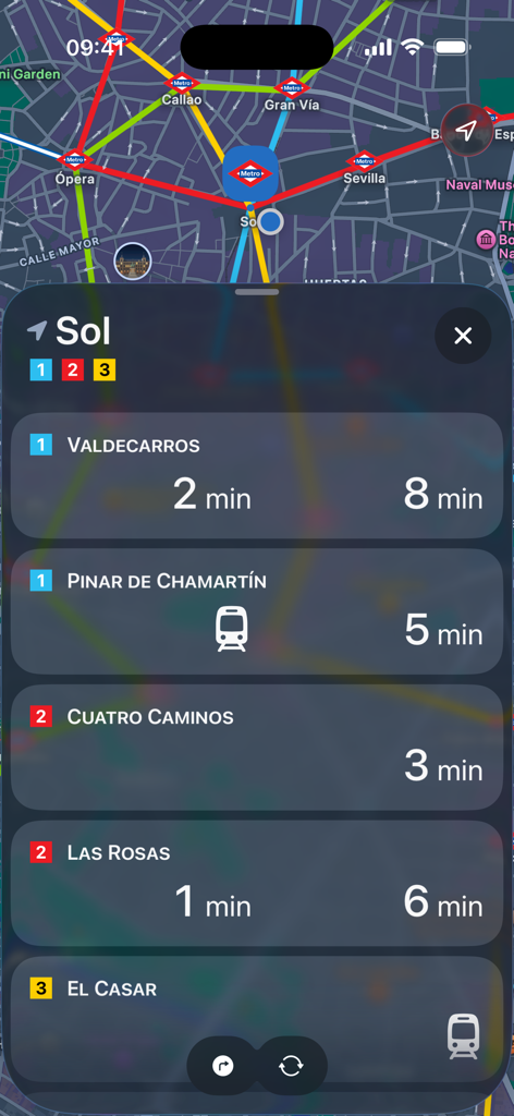Tiempos de llegada de trenes en tiempo real para la estación de Sol en la aplicación Metro de Madrid