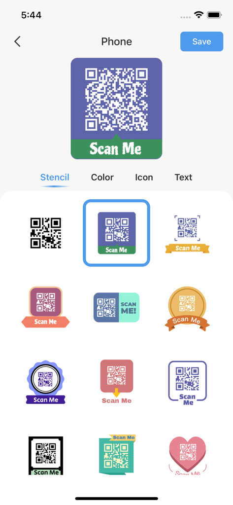 QRNow: Scan & Quick - Interface of the QRNow app showing various stencil designs for creating custom QR codes.