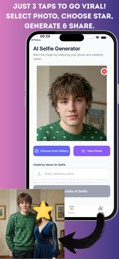 AI Selfie with Celebrity - Mobile App-Oberfläche mit einem Fotoauswahlbildschirm und einem Eingabefeld für den Namen des Prominenten zur Erstellung von KI-generierten Selfies