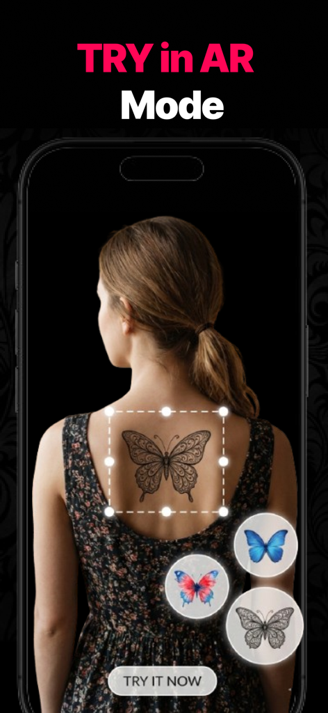 AI Tattoo Design: InkHunter - Uma mulher usando realidade aumentada para visualizar um design de tatuagem de borboleta nas costas