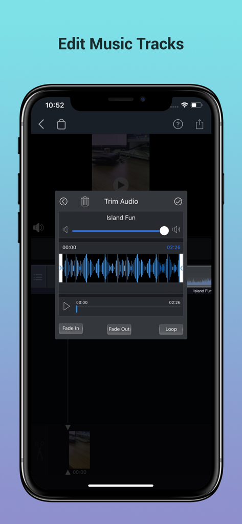 Écran de smartphone montrant la fonction de découpage audio avec forme d'onde et commandes de fondu.