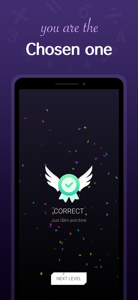 Math: Riddles and Puzzles - Success screen from Math Riddles and Puzzles app showing a correct answer notification and achievement badge.