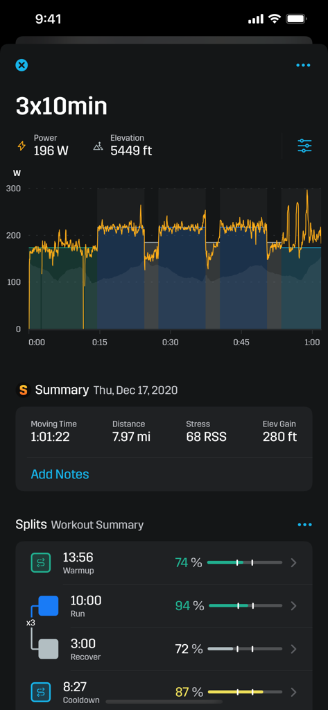 Strydモバイルアプリのランサマリーダッシュボード。パワーグラフとインターバルトレーニング統計が特徴です。