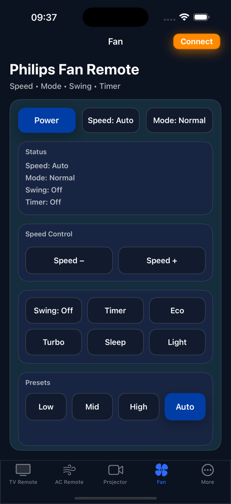 Philips TV Remote ~ - User interface of the Philips Fan Remote app showing speed mode and preset controls